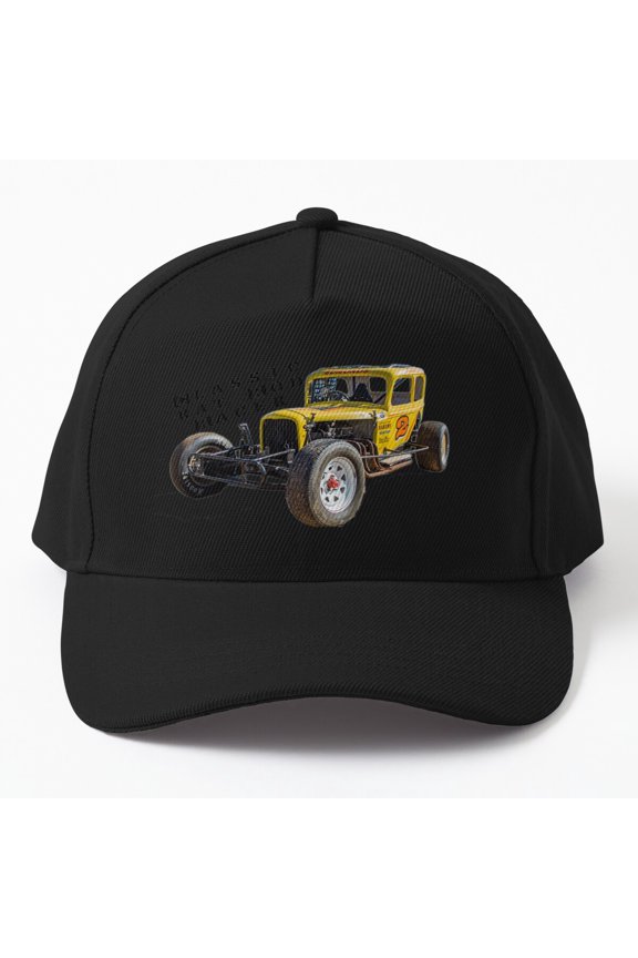Classic Yellow Rat Rod Baseball Hat, Old School Sprint Car Racing Graphic Design, Classic Cap