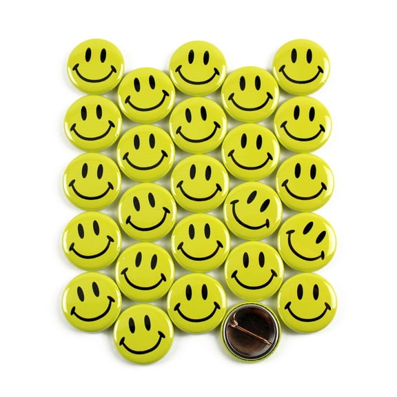 Classic Yellow Smiley Face Pinback Button Badges - 1 Inch - 25 Pack