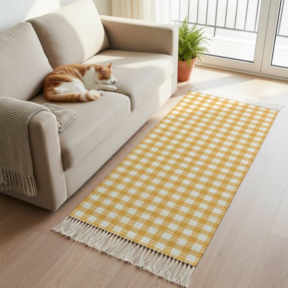 Classic Yellow White Grid Boho Hallway Runner Rug 2x6ft, Kitchen Runner Rug Tassel Rugs, Minimalist Geometric Plaid Area Rugs Floor Carpet for Living Room Bedroom Entryway