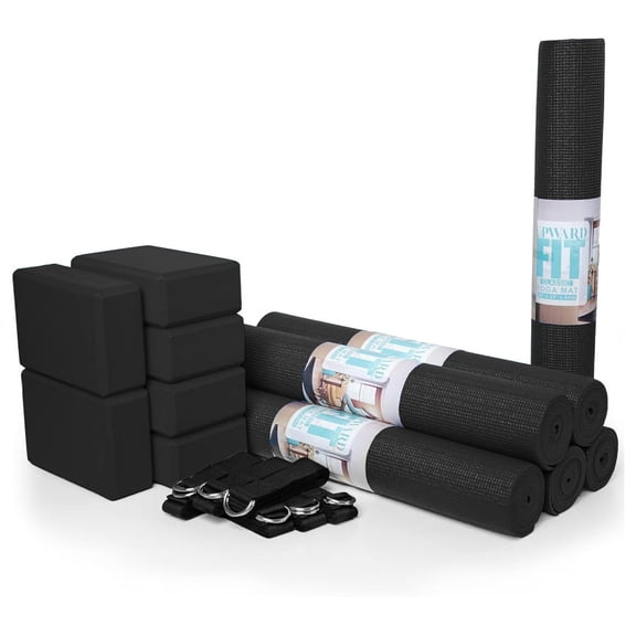 Classic Yoga Kit - 18-Piece Set: 6 Non-Slip Mats (68" x 24" x 4mm), 6 Yoga Blocks (3" x 6" x 9"), 6 6ft D-Ring Straps - Ideal for Schools & Studios Black