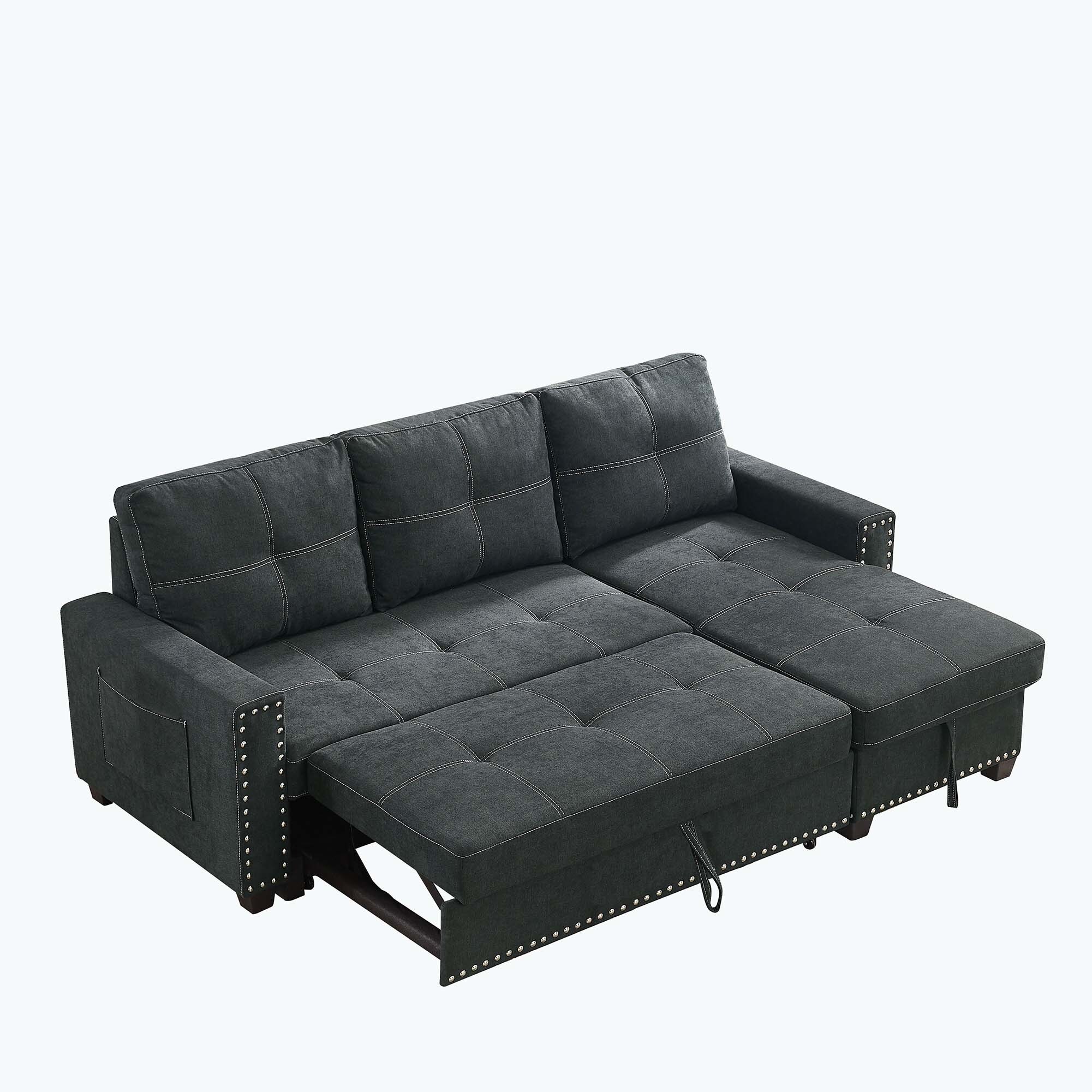 Classic and Cozy Lshape Pullout Sleeper Sectional Sofa Black Fabric