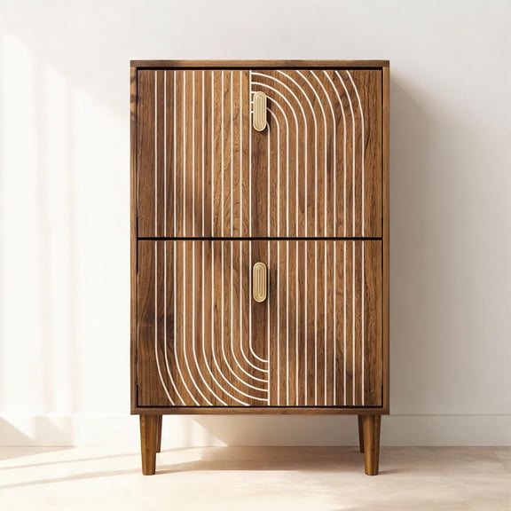Classic brown minimalist free standing shoe storage cabinet, 2 flip drawers 23.6 inch width for entryway with adjustable shelves