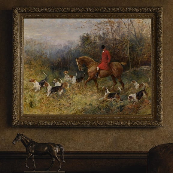 Classic fox hunting scene painting: Wall art featuring horseback riding, autumn forest, print. 16x24 UNFRAMED.