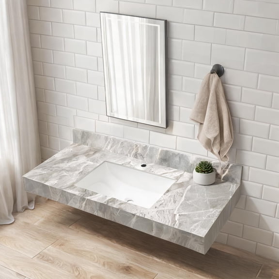 Classic gray sintered stone countertop with ceramic undermount basin for modern bathrooms