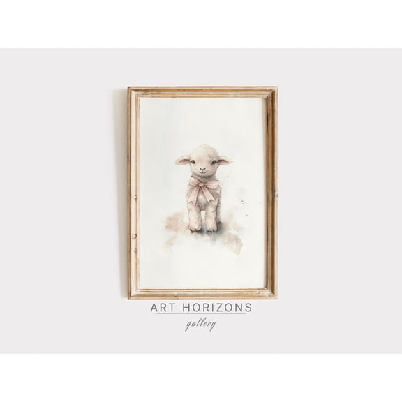 Classic lamb print, children's room decor with pink bow, farm animal print, Cottagecore style print, poster for girls. 8x12 UNFRAMED