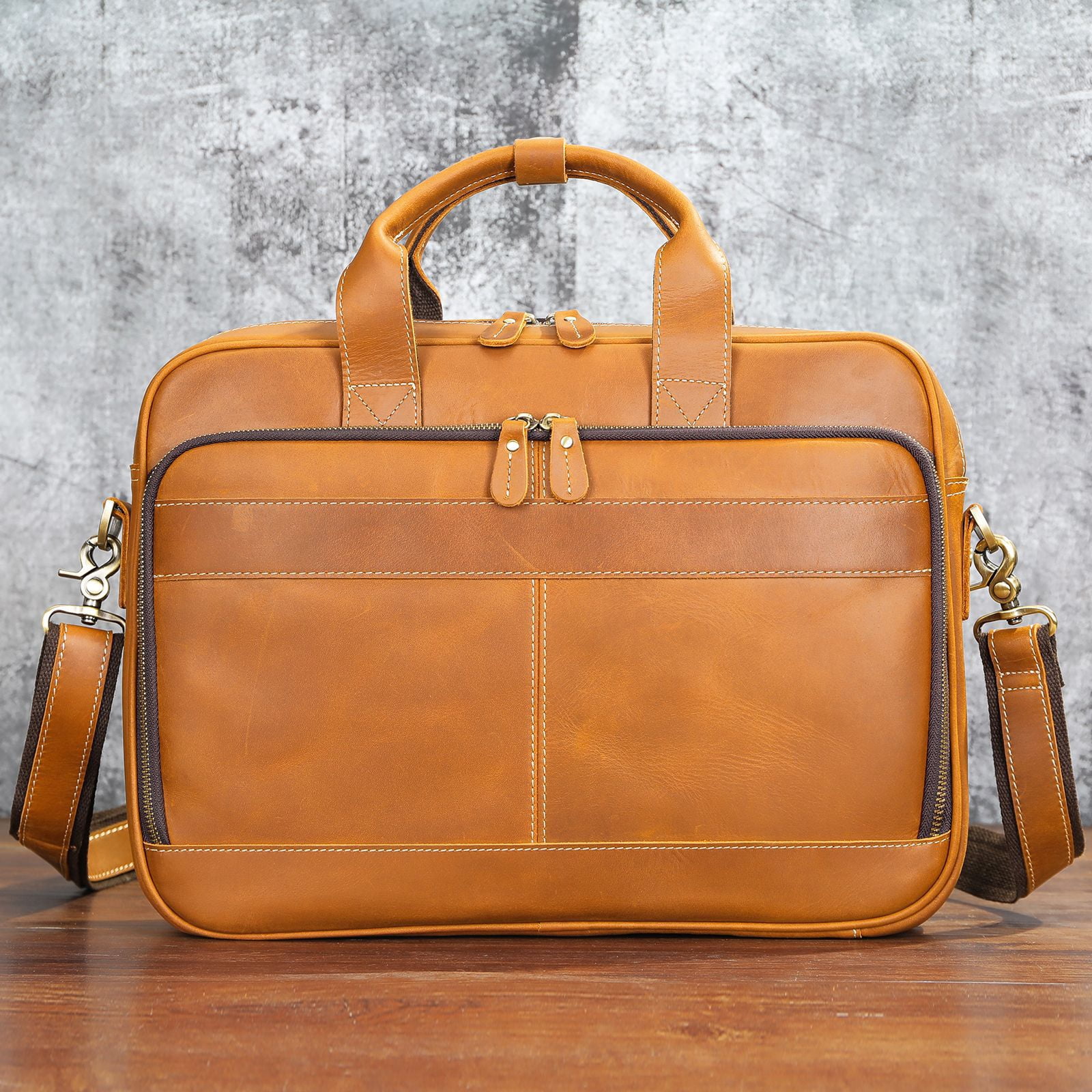 Classic men's genuine leather 15.6in briefcase, business laptop bag, can be worn over the shoulder or across the body, large capacity, easy to clean.