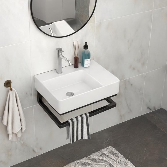 Classic white ceramic wall-mounted rectangular sink with black towel bar for modern bathrooms
