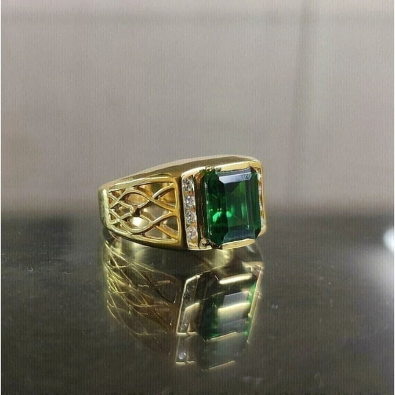 ClassicGems 3.50 CT Emerald Cut Lab Created Green Emerald And Diamond 14K Yellow Gold Plated 925 Sterling Silver Men's Ring