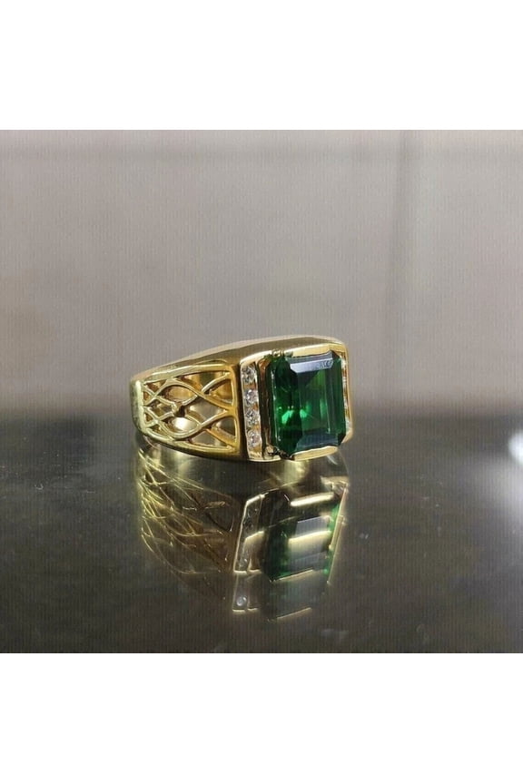 ClassicGems 3.50 CT Emerald Cut Lab Created Green Emerald And Diamond 14K Yellow Gold Plated 925 Sterling Silver Men's Ring