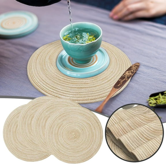 Classical 15 Inch Round Braided Placemats , Washable Heat Resistant Cotton Polyester Circle Place Mats for Kitchen Dining Table - Canvas Beige