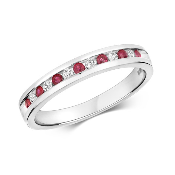 Classical 9k White Gold Women Half Eternity Diamond Ring Brilliant Cut 0.12 Carat H - I1 I2 with Ruby
