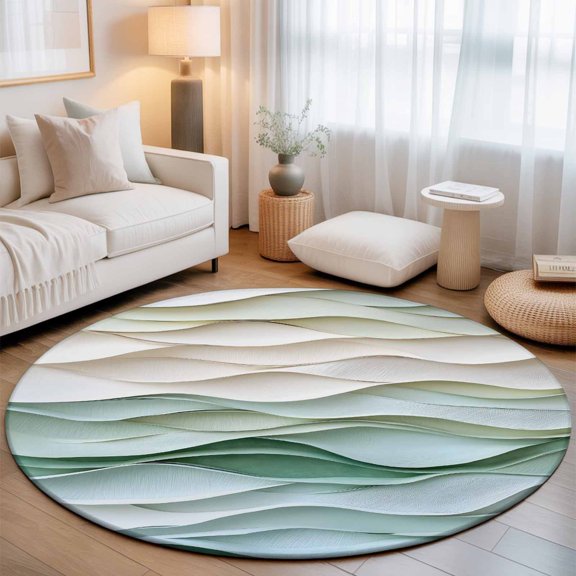 Classical Abstract Waves Texture Round Rug 5ft Watercolor Wavy Seamless Washable Area Rugs for Living Room Bedroom Entryway Non Slip Entrance Door Mat Indoor Floor Carpet