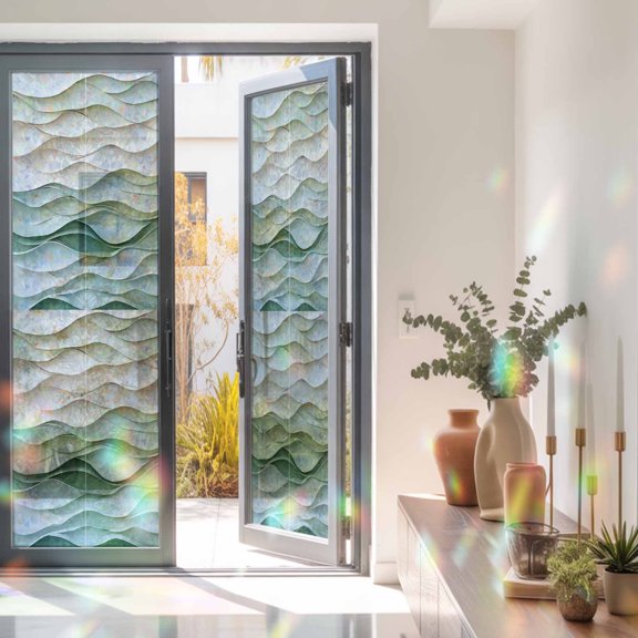 Classical Abstract Waves Texture Window Privacy Film, Rainbow Film Decorative Window Sticker 23.6x78.7in, Watercolor Wavy Seamless Sun Blocking Static Stained Glass Cling Tint Non-Adhesive