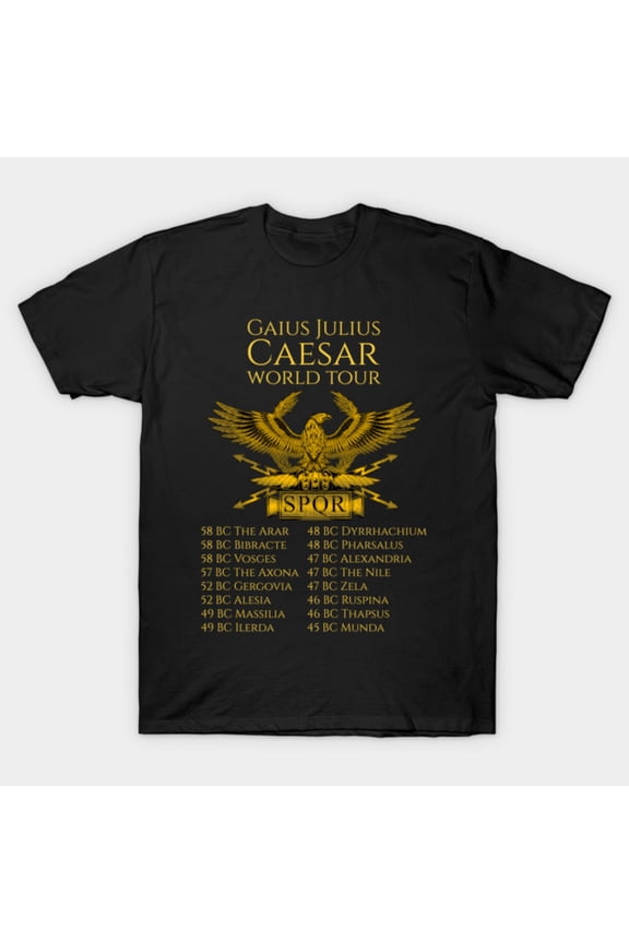 Classical Ancient Roman History Julius Caesar World Tour Campaign Parody Unisex T-Shirt, up to size 3XL.
