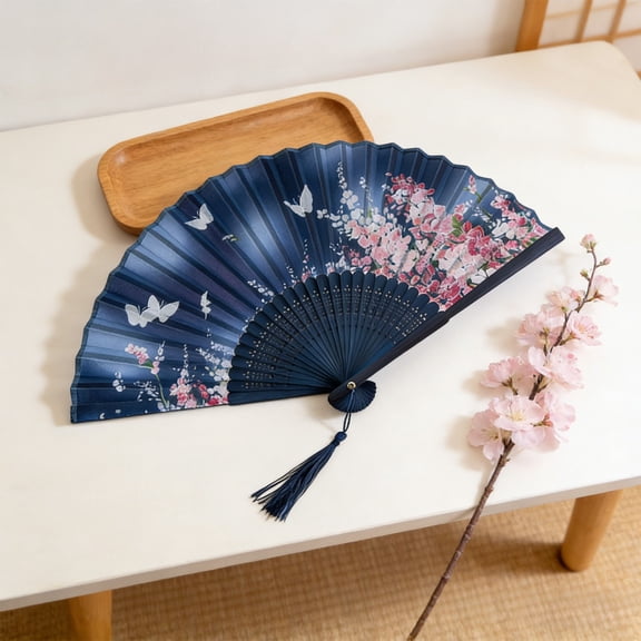 Classical Antique Style Decorative Folding Fan, Portable Silk Cloth Fan with Sturdy Bamboo Ribs, Easter Decor, Tassel Design Hand Fan for Stage Props Wedding Party and Summer Daily Use, 15*8.3in, A