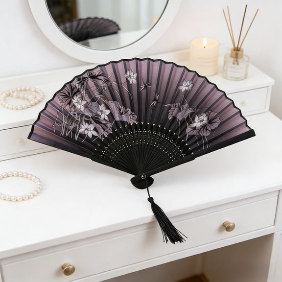 Classical Antique Style Folding Fan with Tassel, Decorative Silk Fabric Fan for Summer Wedding Decorations Stage Props, Portable Hand Fan for Parties Events, Multicolor