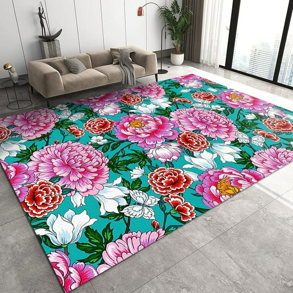 Classical Area Rugs, Pink Red Peony Flowers Pattern Hallway Carpet, Modern Home Decor Non-slip Backing Machine Washable Rug for Living Room Bedroom Apartment Home Decor Mats 5ft x 7ft