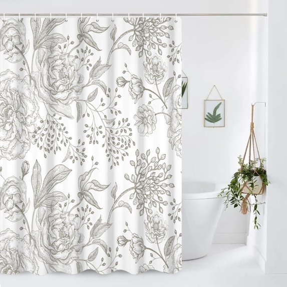 Classical Beige Flower Shower Curtain, Light Brown Floral Shower Curtain Set for Bathroom, Fabric Bath Curtain with Hooks, 72x84inches