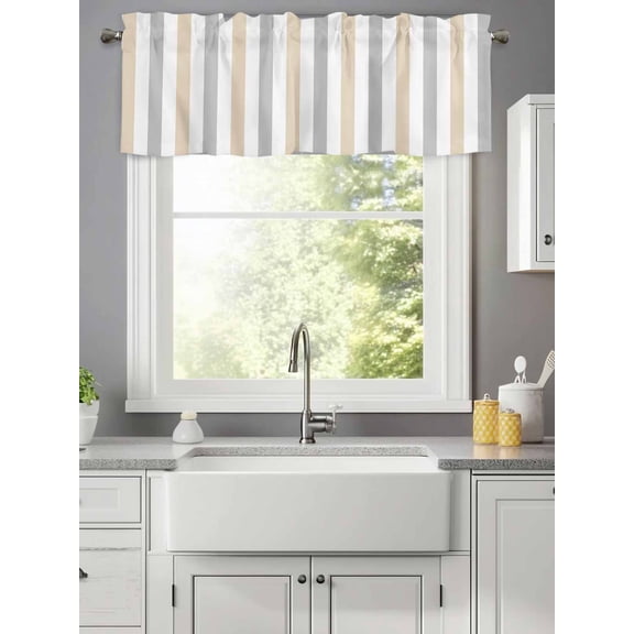 Classical Beige Grey Striped Valances for Windows,Rod Pocket Valance for Kitchen Bedroom Bathroom Living Room, Modern Minimalist Lines Window Valance Curtain Farmhouse Short Curtains 42x12in