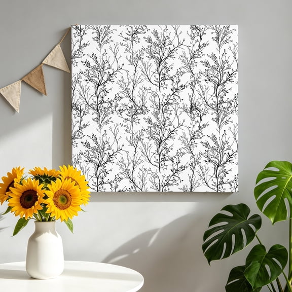 Classical Black White Canvas Wall Art, Tree Branch Botanical Abstract Plant Leaves Framed Canvas Wall Decor Picture Print Artwork Decorations for Living Room Office Ready to Hang 8" x 8"
