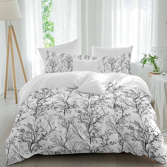 Classical Black White Comforter Set Queen Size, Tree Branch Botanical Abstract Plant Leaves Soft Bedding Set for Man Woman, 4 Pieces Duvet Cover Set with Fitted Sheet, 2 Pillowcases