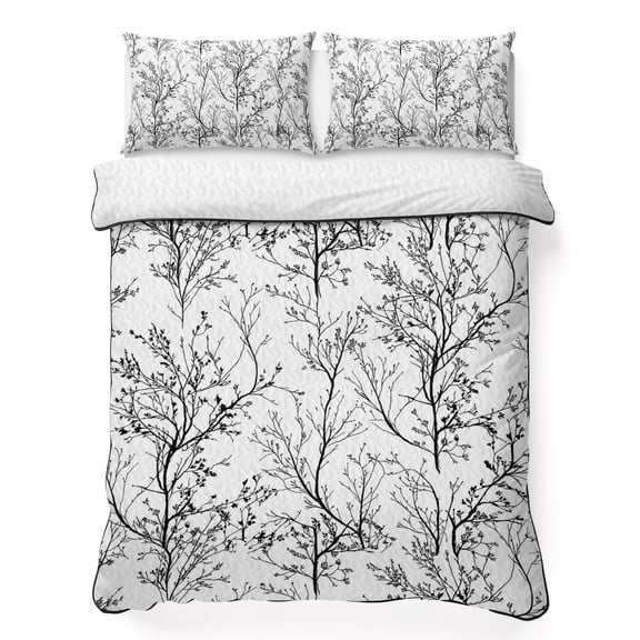 Classical Black White King Quilt Bedding Set, Tree Branch Botanical Abstract Plant Leaves Lightweight Comforter with 2 Pillow Shams Bedroom Bedspread Set Home Decor for All Seasons
