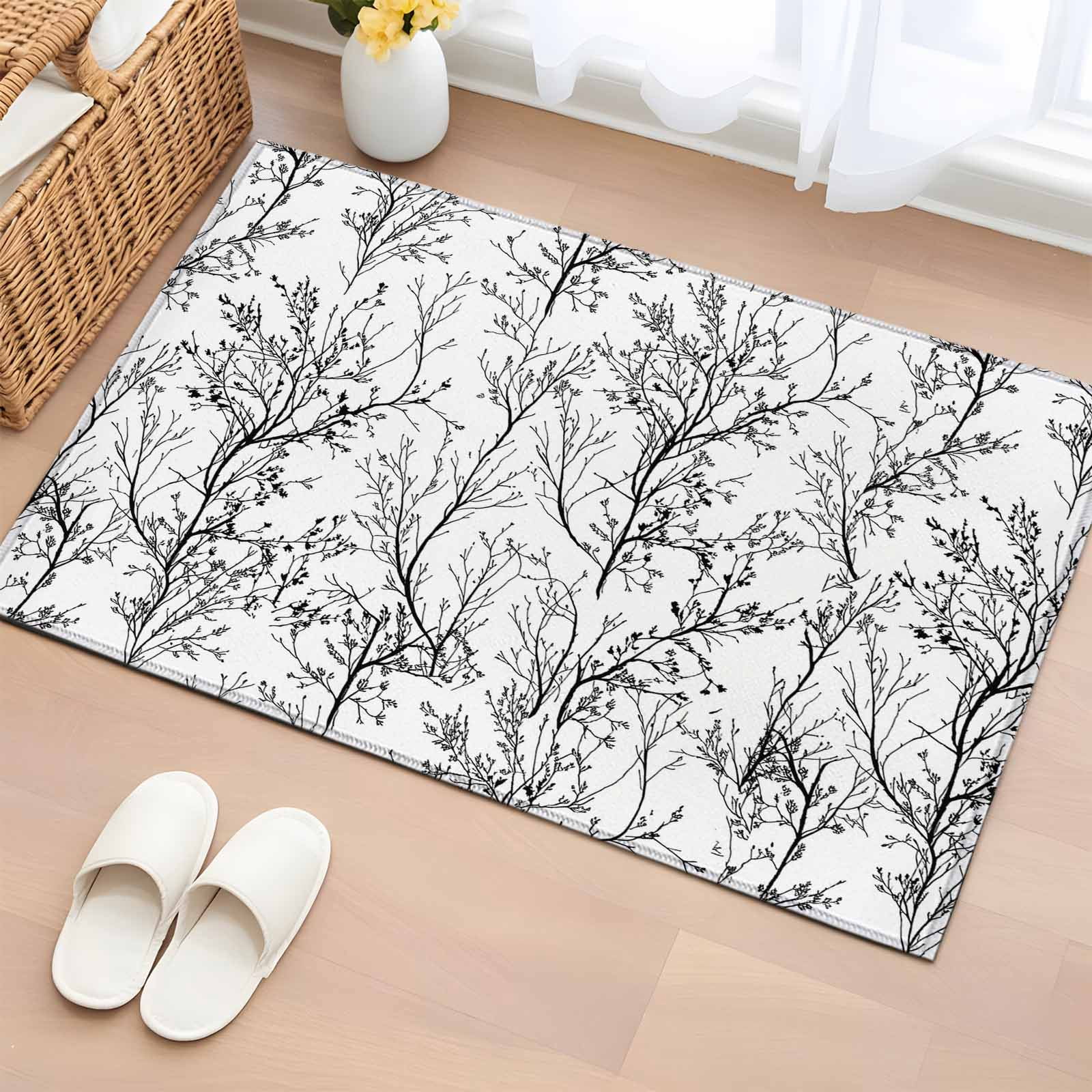 Classical Black White Washable Area Rug 2 x 3 ft Tree Branch Botanical ...