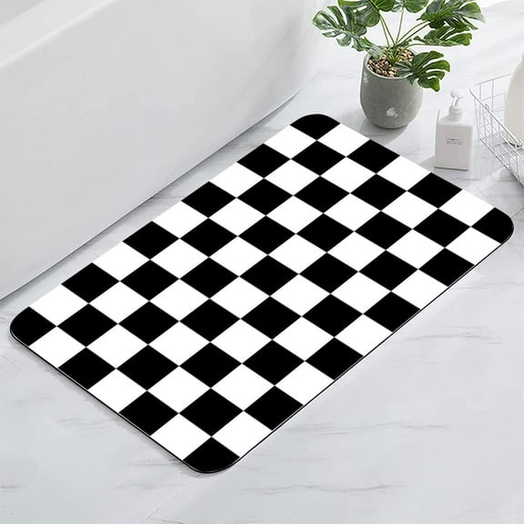 Classical Black and White Checkered Bath Mats for Bathroom Non-Slip Absorbent Soft Microfiber Plush Bathroom Rugs Decor Floor Mat 16"X 24"