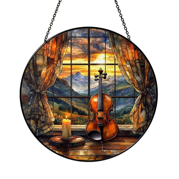 Classical Cellist Snowy Night Stained Glass Suncatcher, Window Decor Hanging Glass Style Art Accent