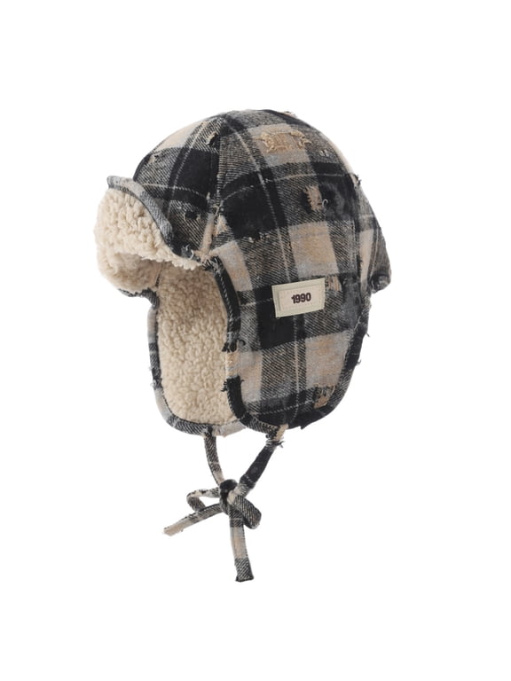Classical Checkered Accent Fleece Lined Ear Muff Hat Excellent Insulation for Various Activities Cold Resistant