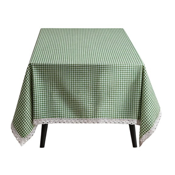 Classical Checkered Tablecloth with Delicate Lace Trim Flower Print Cotton Blend Cloth for Dining Table Kitchen Decors