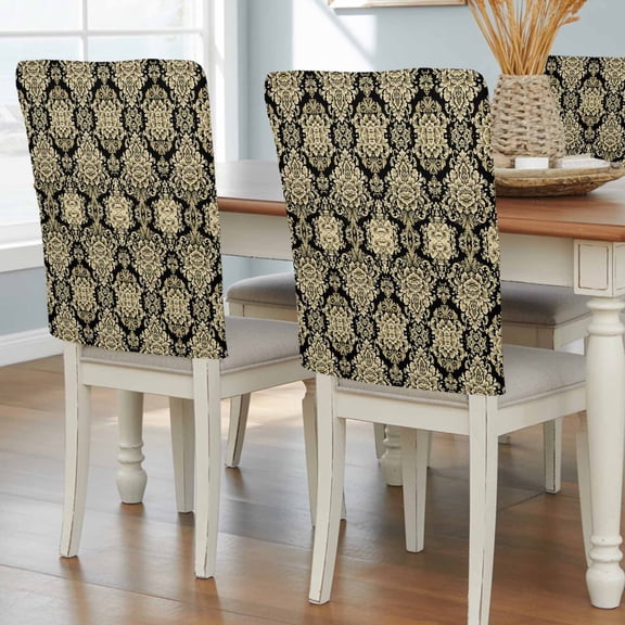 Classical Damask Chair Covers Set of 4 Retro Boho Vintage Black Gold Floral Chair Back Covers Stretch Removable Washable Slipcovers Protector for Dining Room Kitchen Party Decor