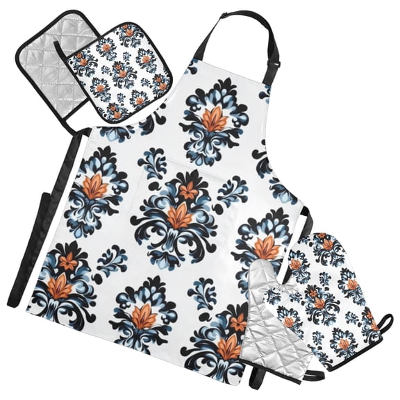 Classical Design Decoration Oven Mitts and Pot Holders with Chef Apron Set 5 Pcs Kitchen Cooking Set