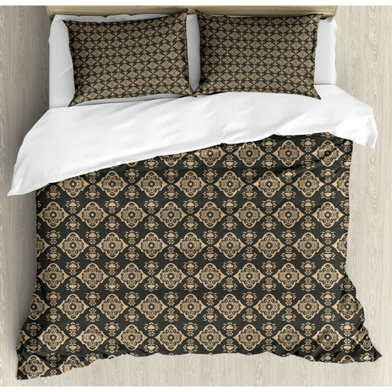 Classical Duvet Cover Set, Vintage Damask with Oriental Spiral Curves Leafy Motif Print, Decorative 3 Piece Bedding Set with 2 Pillow Shams, Queen Size, Dark Sepia Tan, by Ambesonne