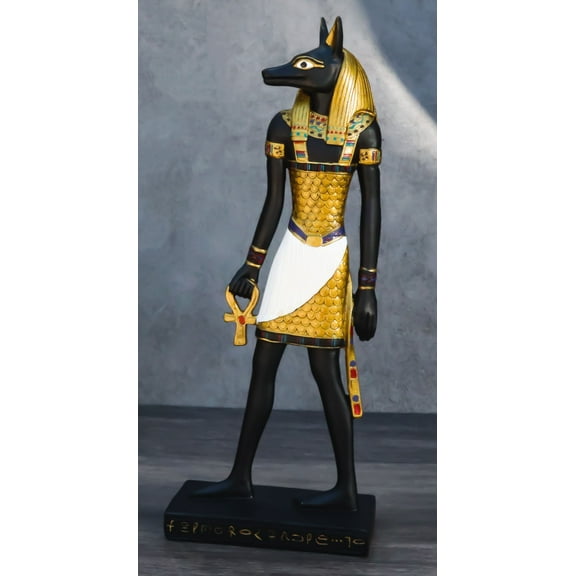 Classical Egypt Jackal God Anubis Holding Ankh & Staff Slim Profile Figurine