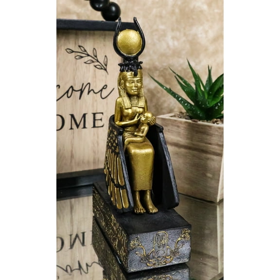 Classical Egyptian Golden Goddess Iset Isis Ra Nursing Horus Baby Figurine