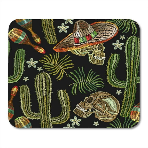 Classical Ethnic Embroidery Skull in Sombrero Pattern Design Mexican Culture Human Maracas Cactus Mousepad Mouse Pad Mouse Mat 9x10 inch