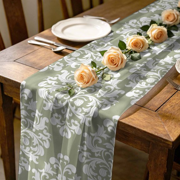 Classical Floral 4.5 ft Cheesecloth Table Runner for Wedding 19"x55", Retro Symmetrical Sage Green Texture Kitchen Dinner Sheer Tulle Chiffon Dresser Scarf, Holiday Party Decorations
