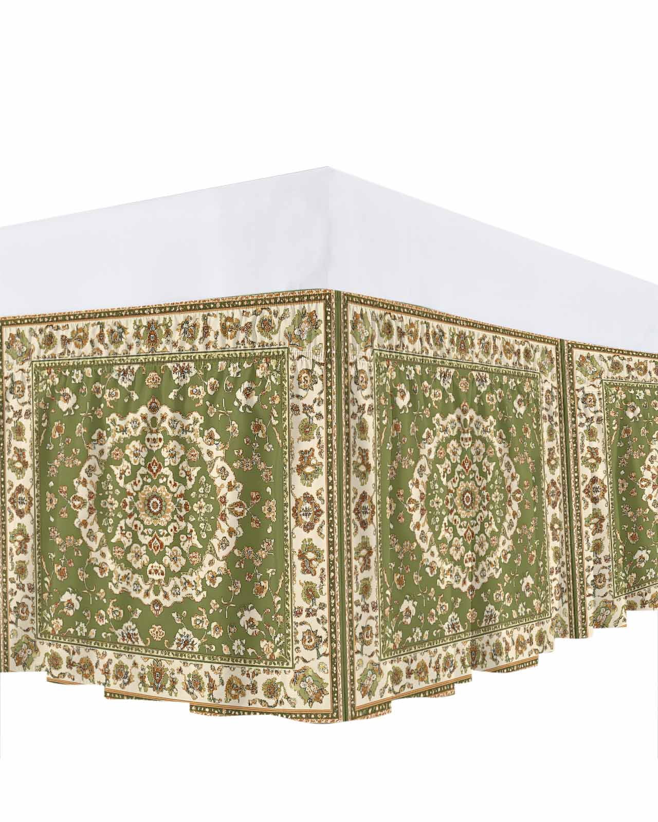 Classical Floral Bed Skirt King Size 16" Drop Vintage Green Ethnic Bohemian Pastoral Ruffled Wrap Around Bed Skirts Adjustable Elastic Bedskirt Dust Ruffle for King Size Bed