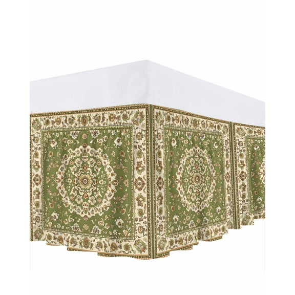 Classical Floral Bed Skirt King Size 16" Drop Vintage Green Ethnic Bohemian Pastoral Ruffled Wrap Around Bed Skirts Adjustable Elastic Bedskirt Dust Ruffle for King Size Bed