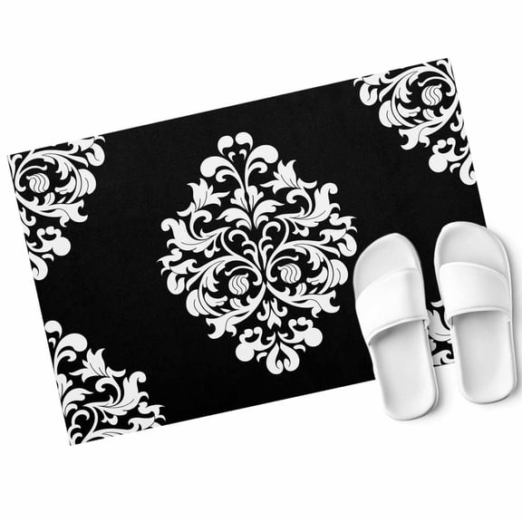 Classical Floral Door Mat Black Retro Symmetrical Texture Non Slip Absorbent Entrance Mat Washable Low Profile Indoor Doormat for Front Door Entryway Entry 16"x24"