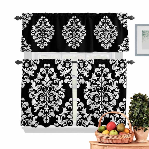 Classical Floral Kitchen Curtains Valances 3 Piece Set, Black Retro Symmetrical Texture Rod Pocket Tier Curtain and Valance Drapes for Small Window 24 Inch Length for Bedroom Cafe