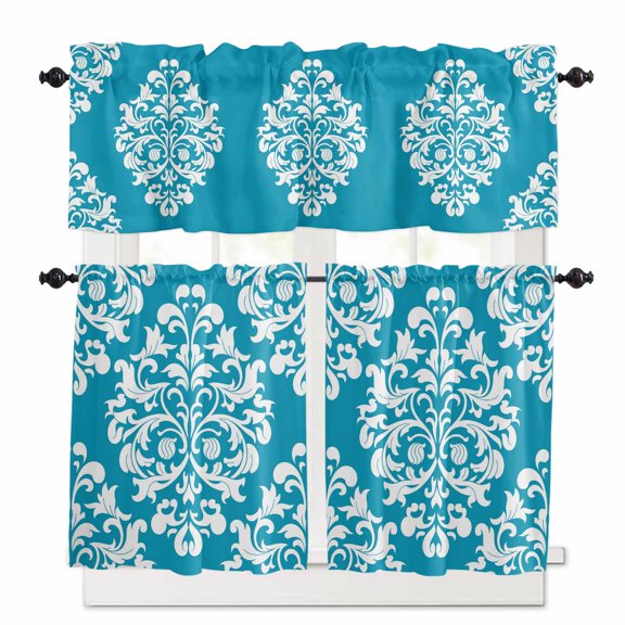 Classical Floral Kitchen Curtains Valances and Tiers Set of 3, 24 Inch Length Tier Curtains and Valance Rod Pocket Valance Curtains Set for Kitchen Bathroom Small Windows