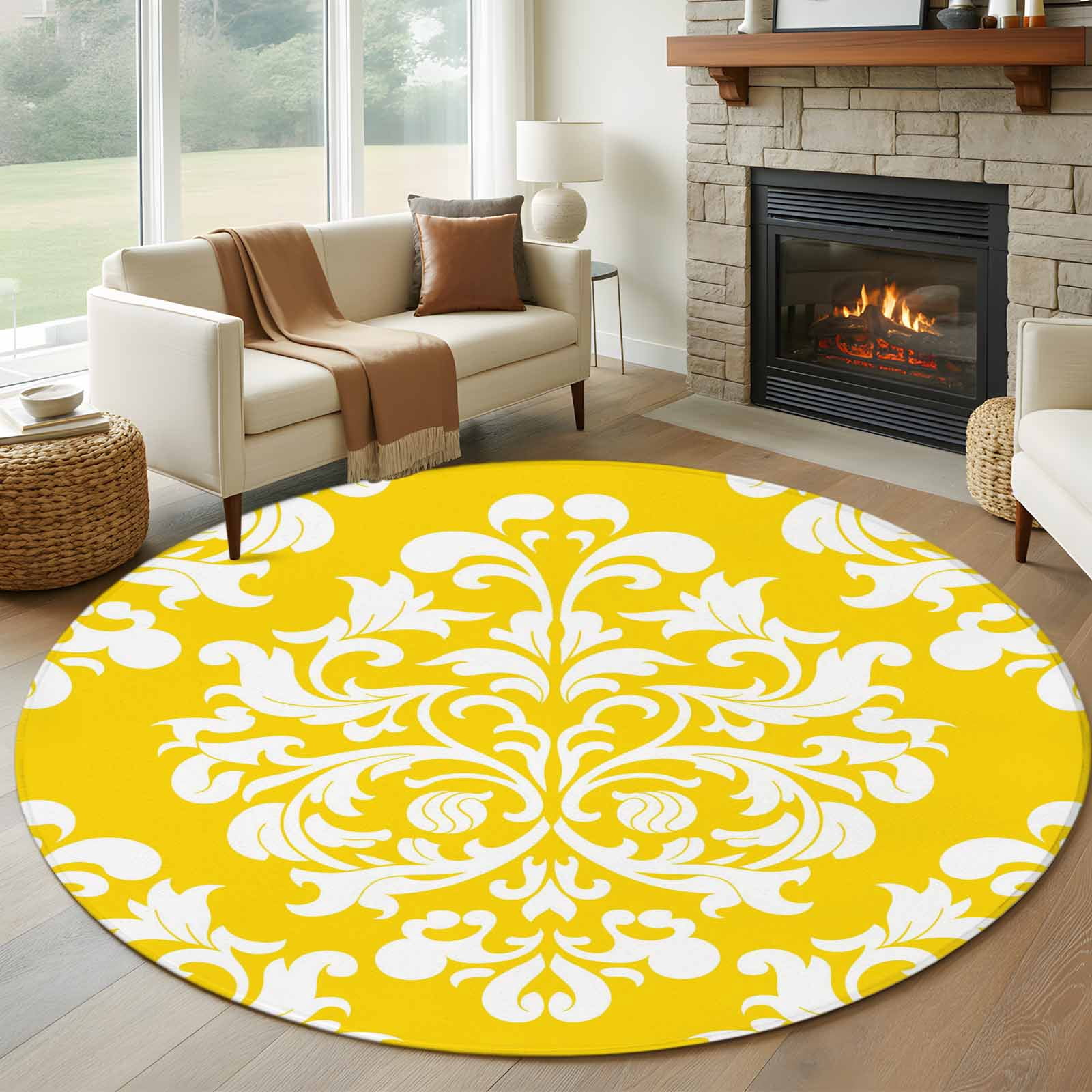 Classical Floral Round Living Room Rugs 8 ft, Yellow Retro Symmetrical ...