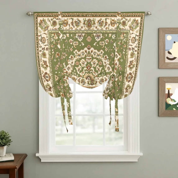 Classical Floral Tie Up Curtain 63 Inches Long, Vintage Green Ethnic Bohemian Pastoral Balloon Style Kitchen Window Curtain Over Sink, Small Window Rod Pocket Curtain 52"x63"