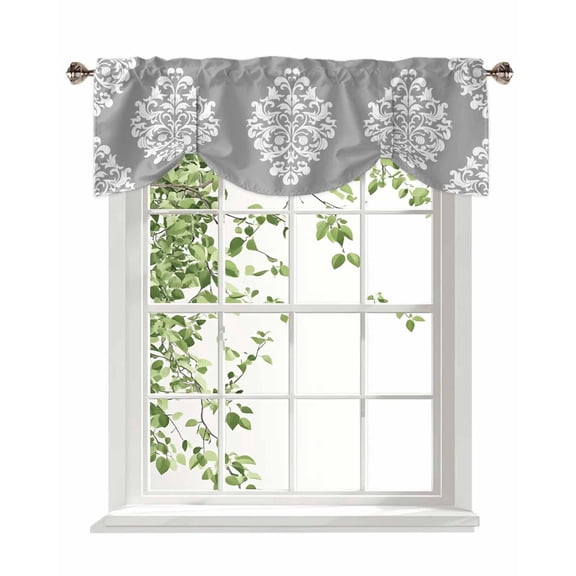 Classical Floral Tie Up Valances Curtain, Adjustable Kitchen Grey Retro Symmetrical Texture Valances for Windows Decor, Rod Pocket Short Curtains Set for Bedroom/Bathroom, 60"x18"