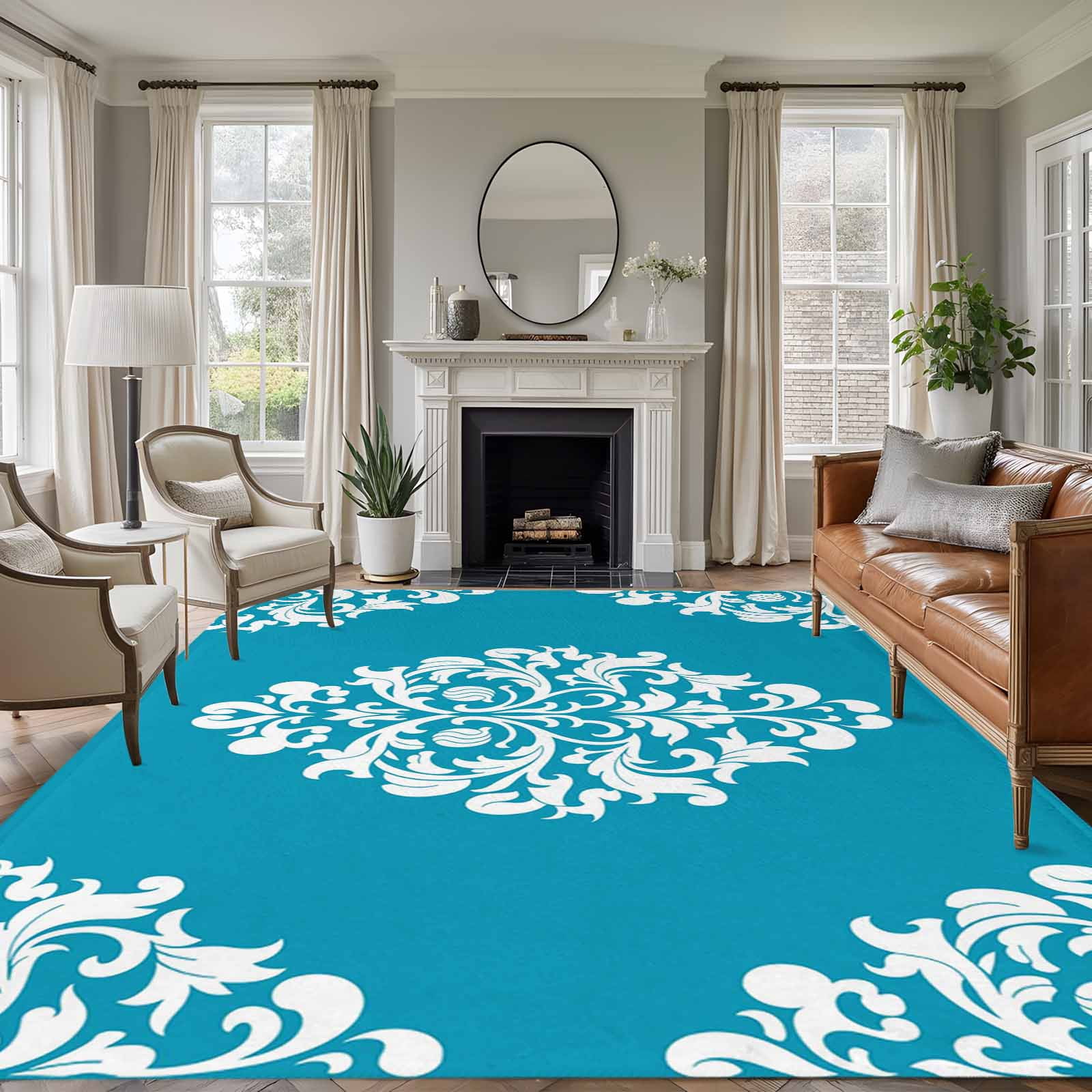 Classical Floral Washable Living Room Rugs 5'x7', Blue Retro ...