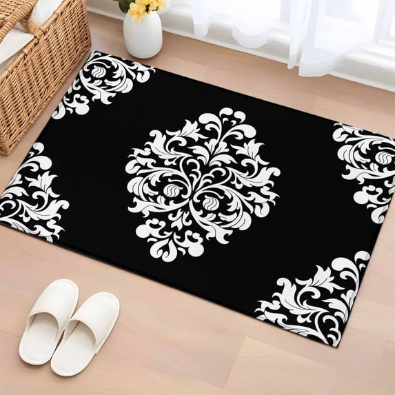 Classical Floral Washable Small Entryway Area Rugs 2'x3', Black Retro Symmetrical Texture Low Pile Throw Rug Non-Slip Sturdy Edge Binding Carpet for Front Door Floor Room Entry