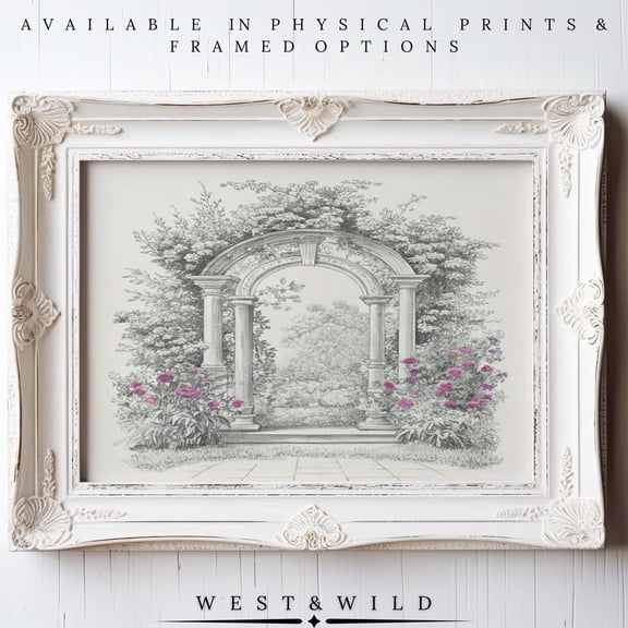 Classical Garden Arch Print Artwork With Floral Columns Garden Folly Drawing Sketch Of Garden Botanical Art For Home, Unframed Paper Print