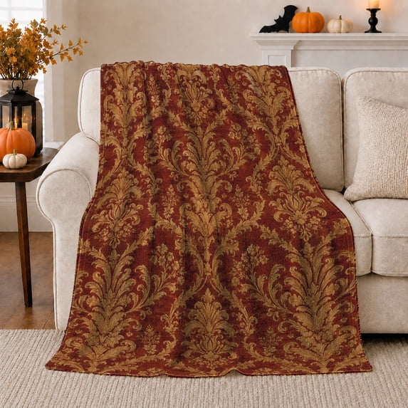 Classical Gold Damask Ornate Leaf Pattern Orange Artistry, Cozy Botanical Garden Scene, Warm Flannel Blanket for Sunroom and Reading Nook, Garden Lovers Appreciation Gift, Artistic Home Decor